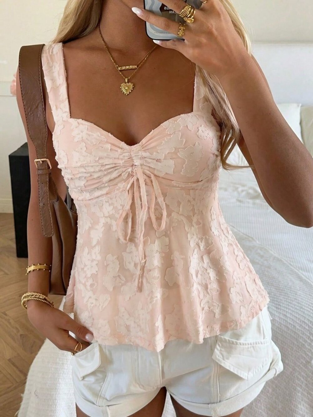Pink Boho Women's Tea Party Sweetheart Neck Drawstring Knot Babydoll Top